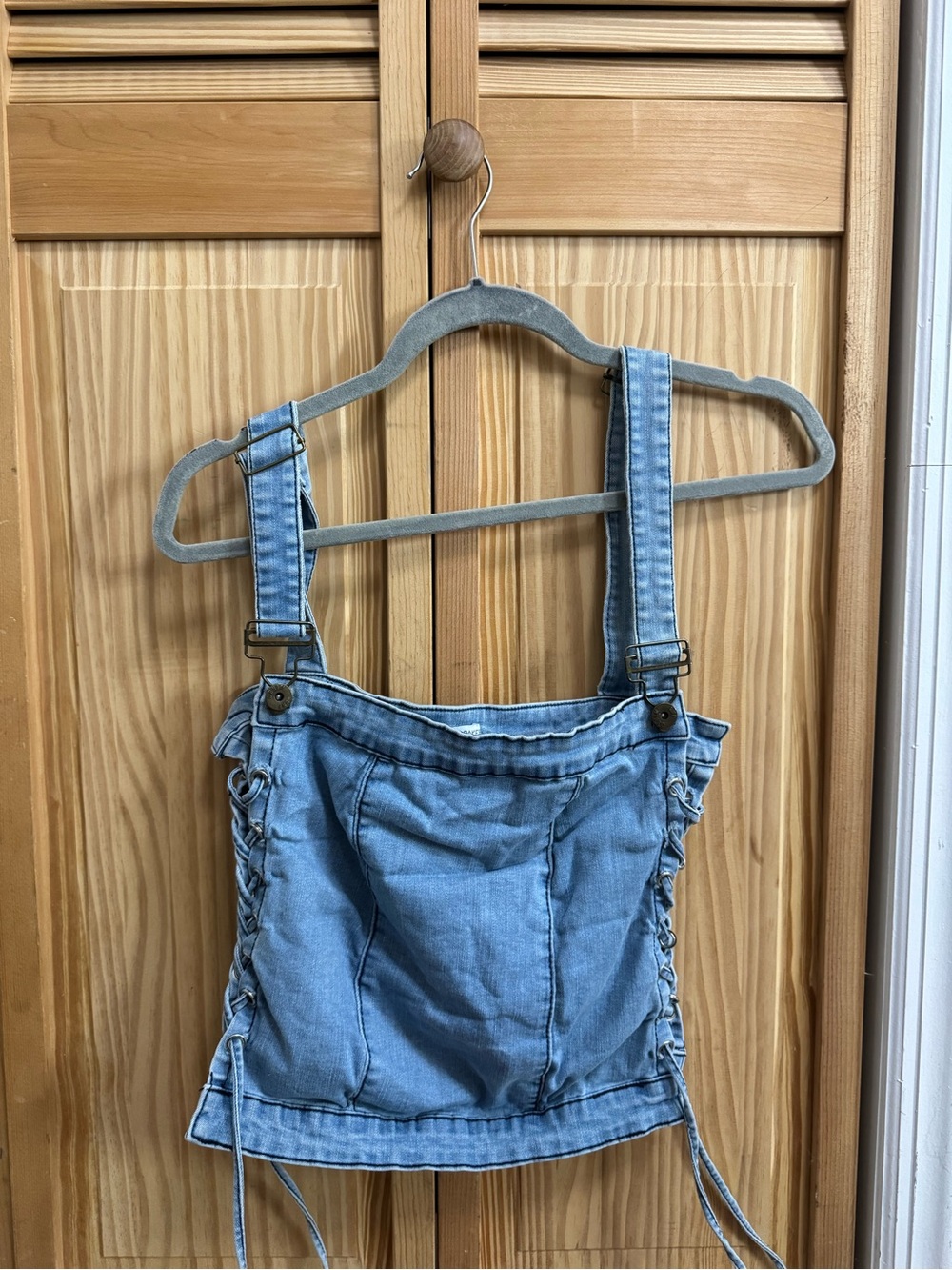 Light Blue Denim Lace-Up Crop Top with Adjustable Straps